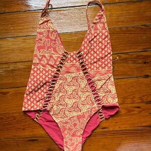 San Lorenzo Bikini Reversible Red and Gold Patterned Plunge Swimsuit